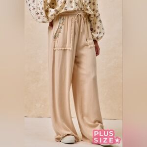 4-0309 *Boutique* Rayon Embroidered Wide Leg Raw Hem Boho Pants By BiBi